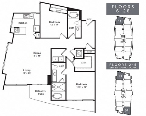 Floor plan for 2 beds, 2 baths, 1400 sqft
